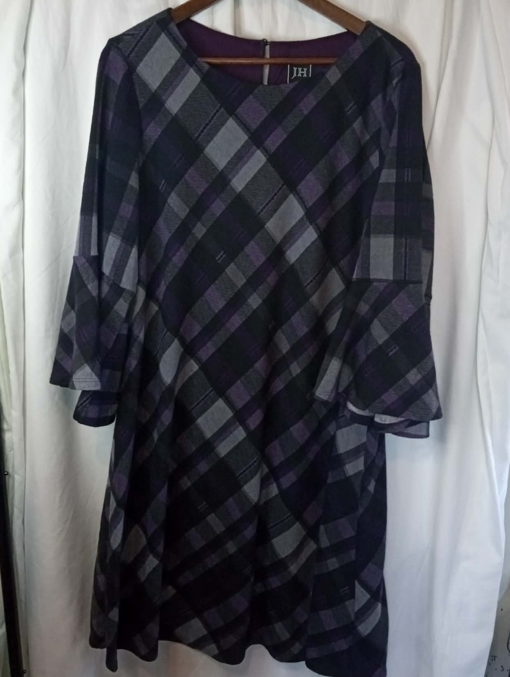 2X Plus JH Jessica Howard Purple Gray Plaid Midi Dress Ruffle Sleeves Office